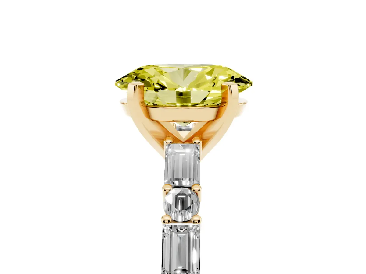 Fancy Yellow Oval Cut Diamond Solitaire with Side Baguettes and Channel Set Band Yellow gold