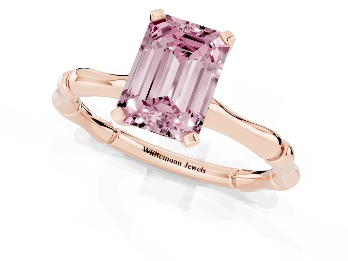 Fancy Pink Emerald Cut Solitaire Diamond Ring with Bamboo Band and Four-Prong Setting Rose gold