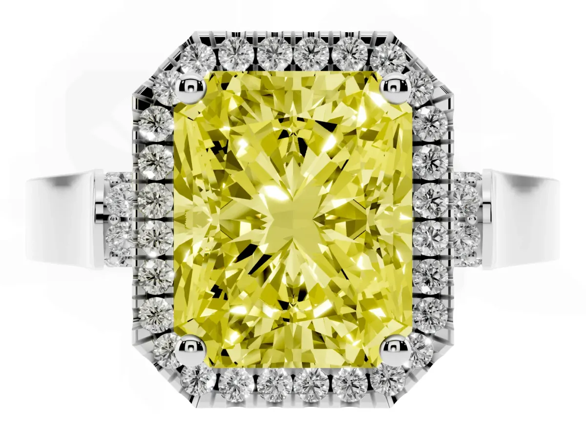 Fancy Yellow Radiant Cut Halo Round Diamond Twist Band with Four-Prong Setting White gold