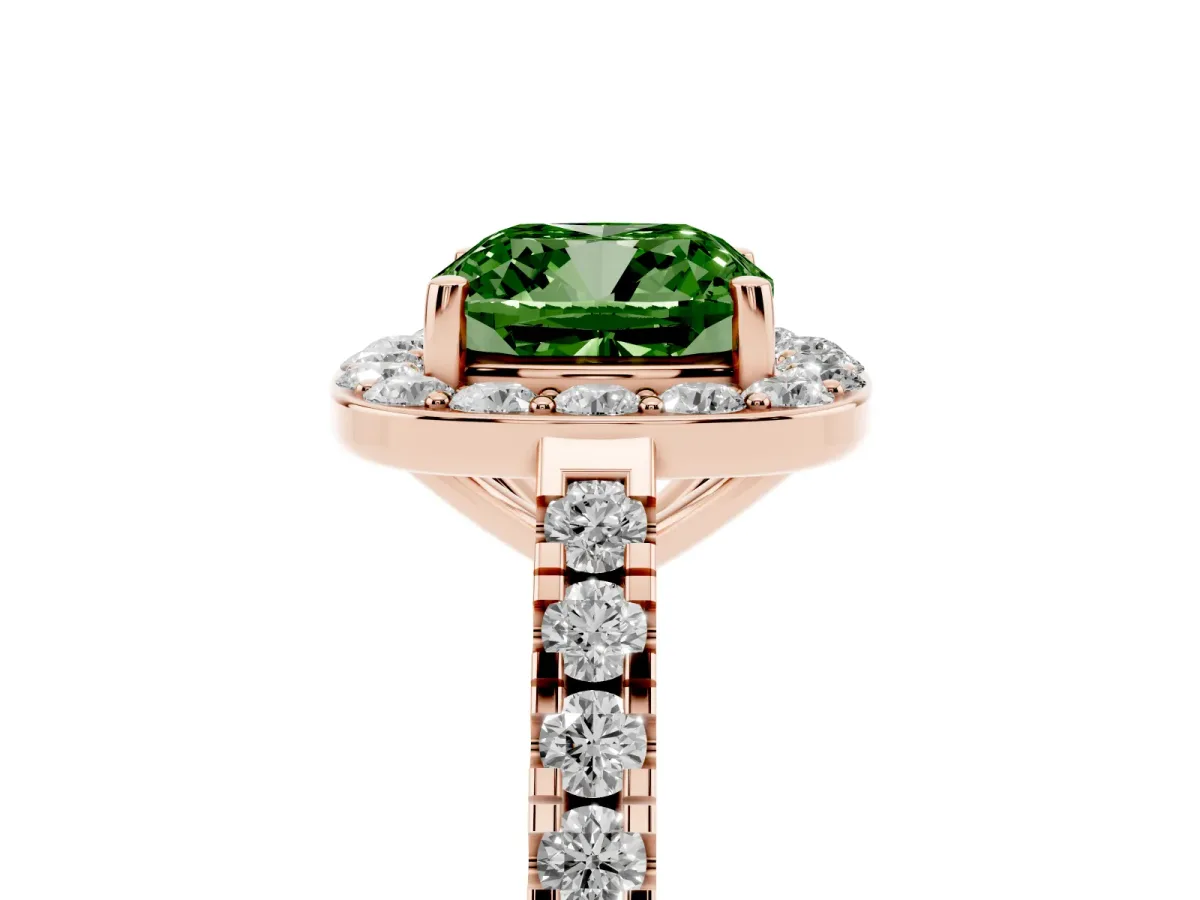 Fancy Green Cushion Cut Diamond Halo Ring with Round Pavé Split Shank and Prong Setting Rose gold