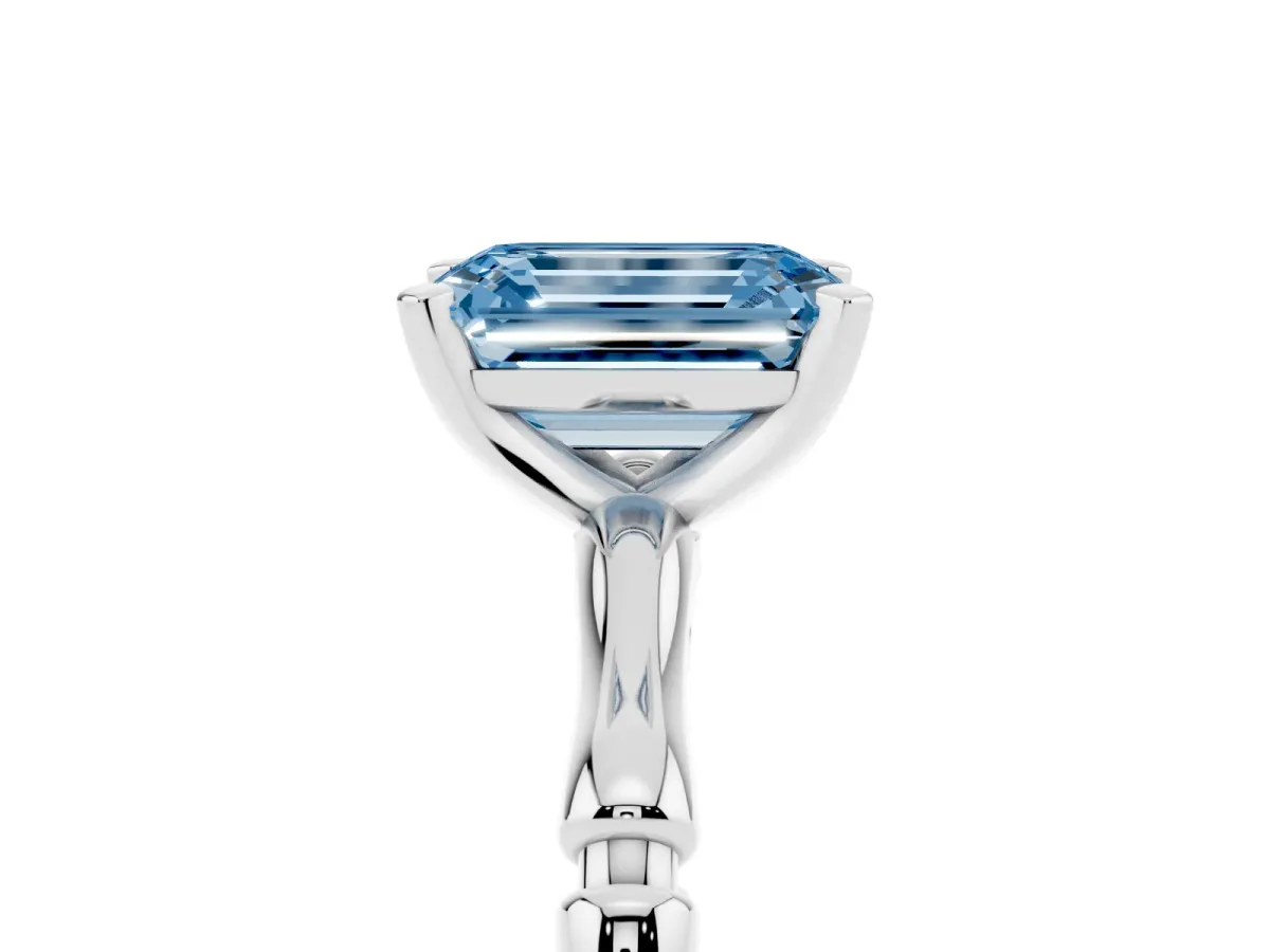 Fancy Blue Emerald Cut Solitaire Diamond Ring with Bamboo Band and Four-Prong Setting Platinum
