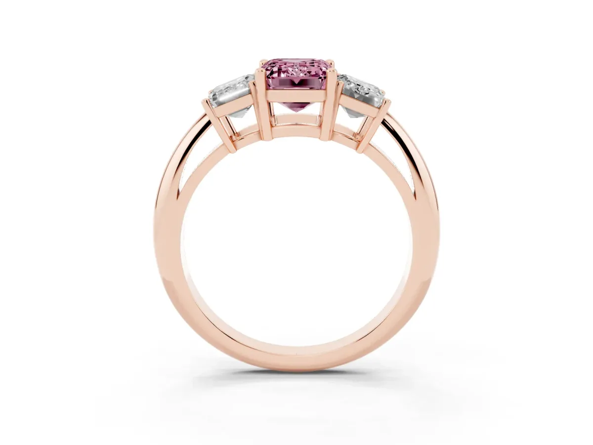 Fancy Pink Three-Stone Emerald Cut Cut Diamond Engagement Ring with Prong Setting on a White Gold Band Rose gold