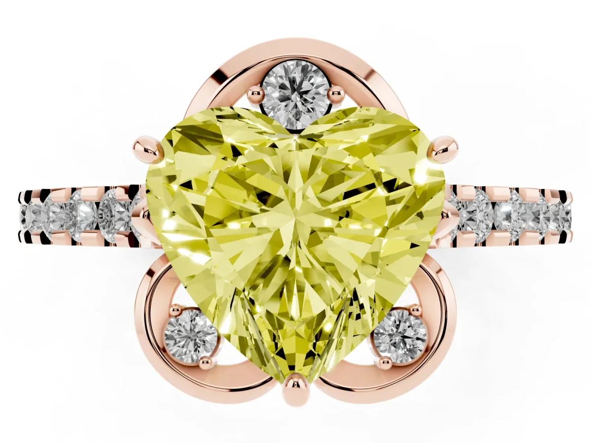 Fancy Yellow Heart Cut Diamond Ring with Pavé Band and Floral Prong Setting Rose gold