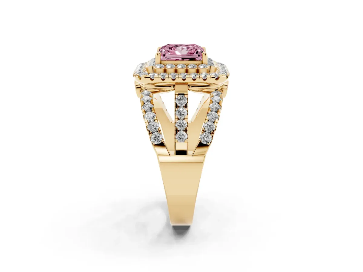 Fancy Pink Princess Cut Diamond Double Halo Ring with Round Pavé Split Shank and Prong Setting Yellow gold