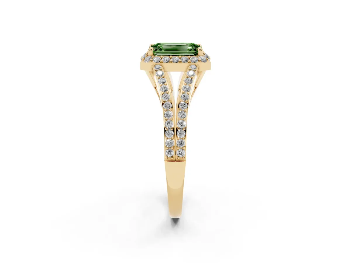 Fancy Green Emerald Cut Halo Split Shank Diamond Ring with Prong Setting Yellow gold