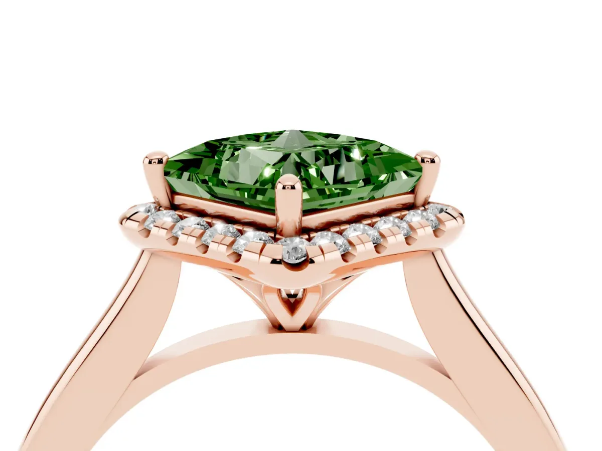 Fancy Green Princess Cut Halo Round Diamond Solitaire Engagement Ring with Pave Band and Four-Prong Setting Rose gold