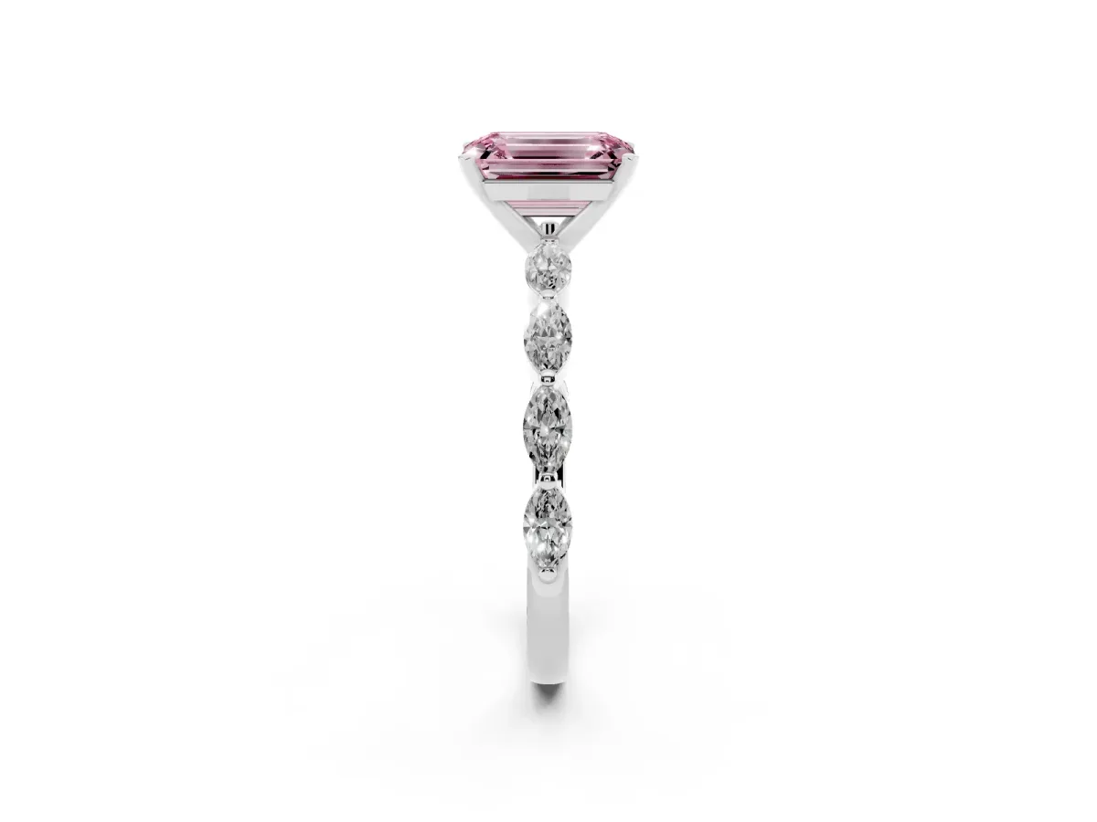 Fancy Pink Emerald Cut Diamond Ring with Marquise Side Stones and Prong Setting White gold