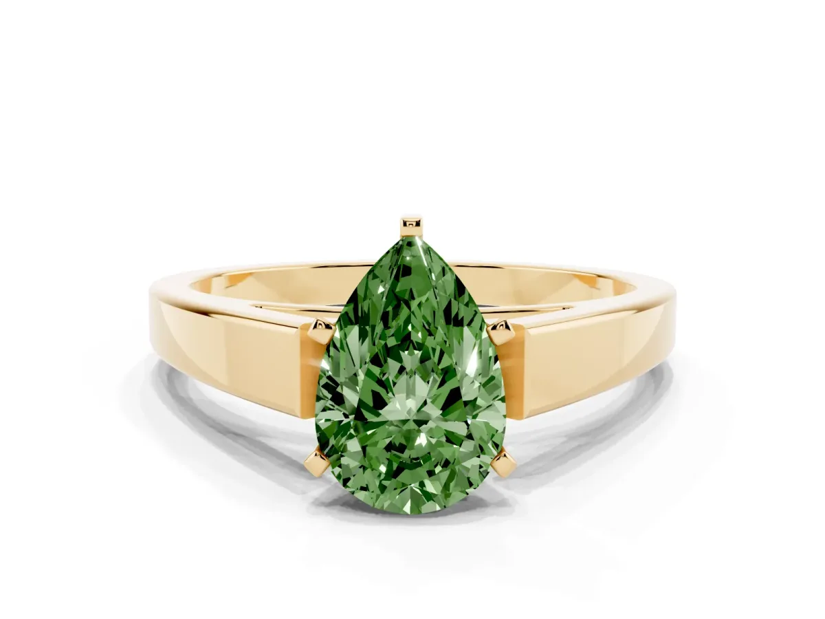 Fancy Green Pear Cut Solitaire Engagement Ring with Four-Prong Setting and Tapered Band Yellow gold