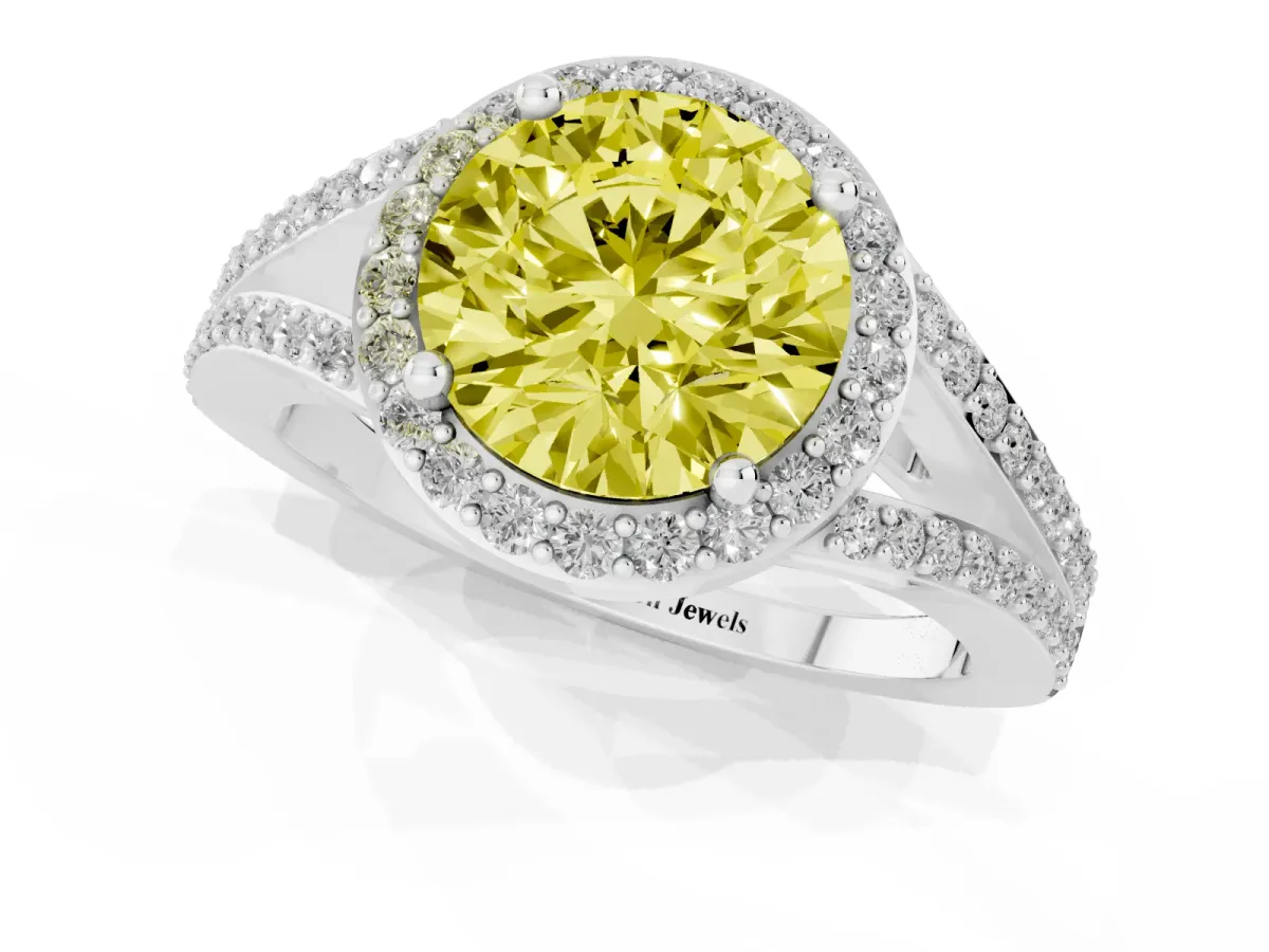 Fancy Yellow Round Cut Halo Split Shank Diamond Ring with Prong Setting Silver