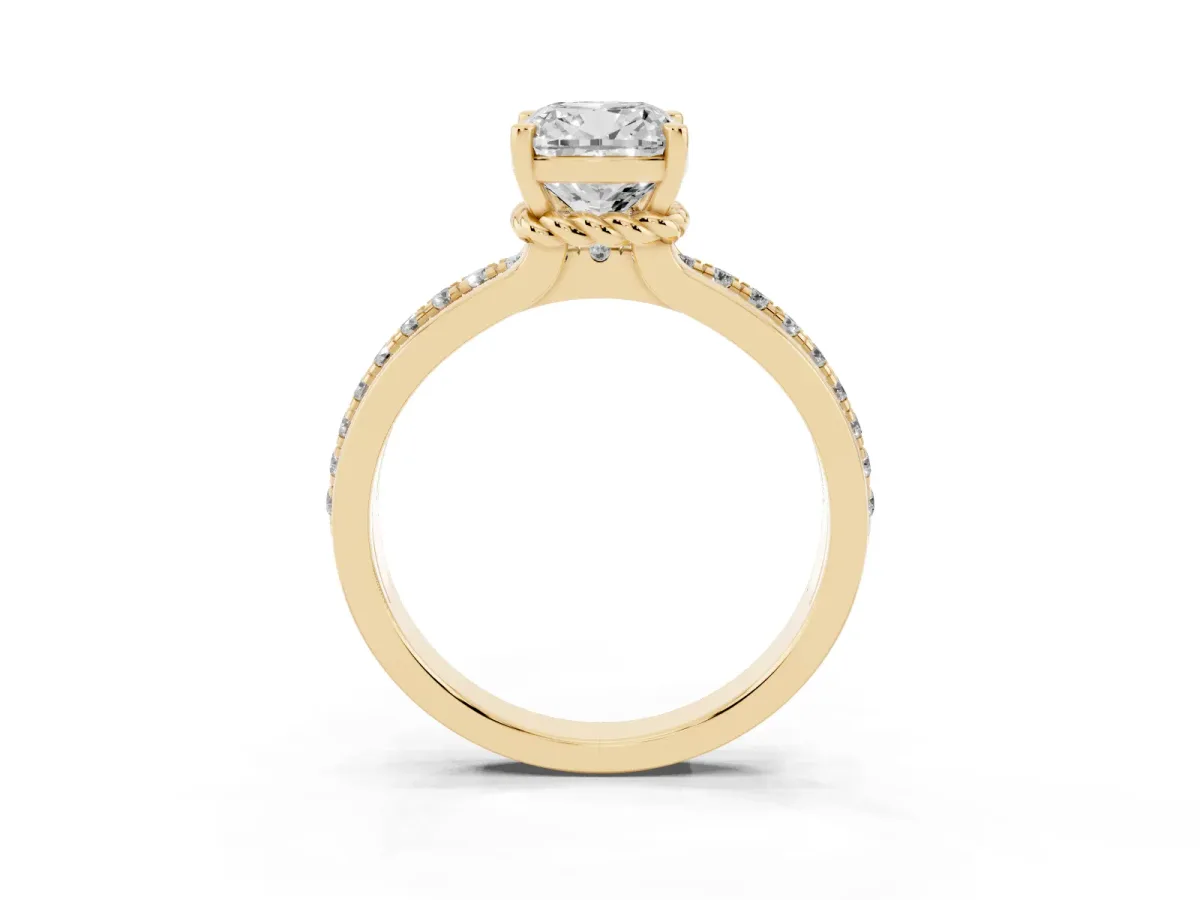 Cushion Cut Solitaire Diamond Ring with Channel Set Band and Six-Prong Setting Yellow gold