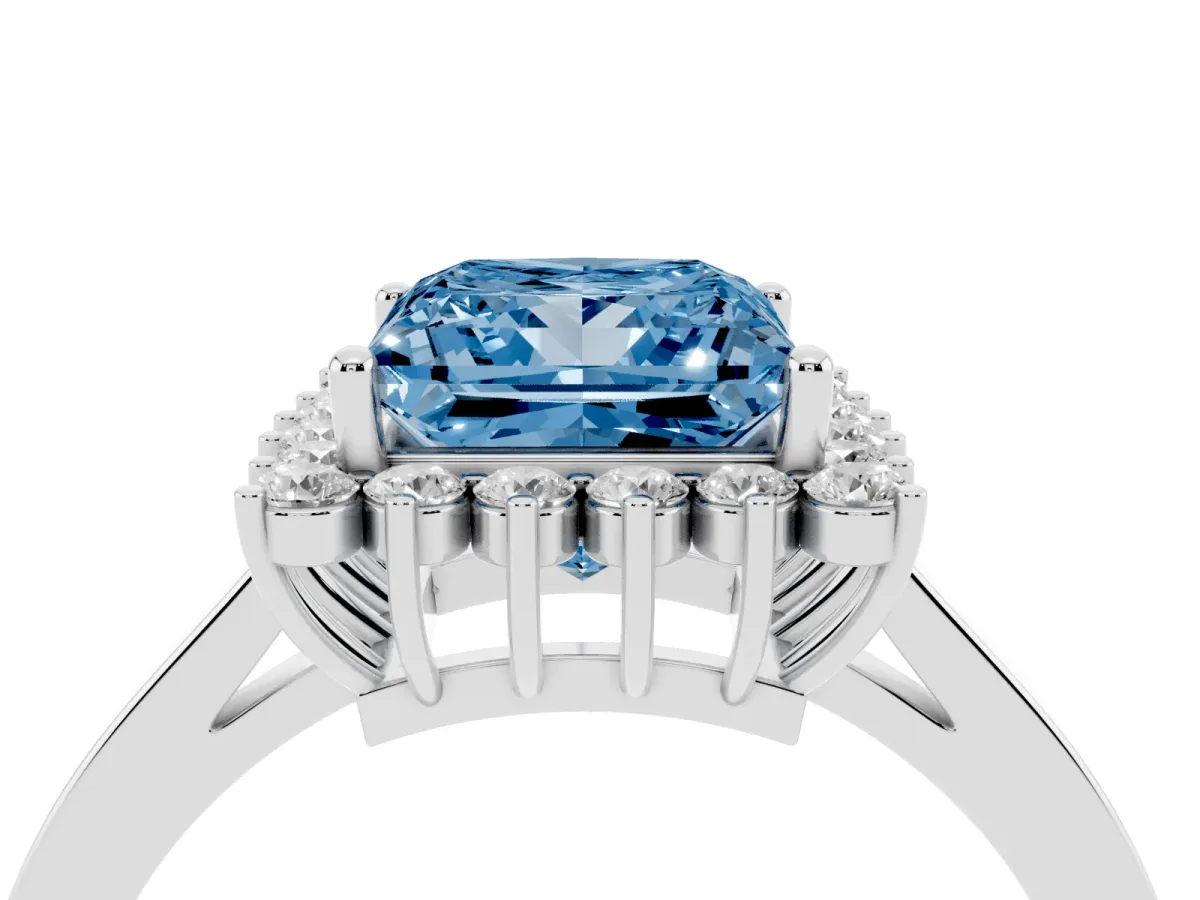 Fancy Blue Princess Cut Cut Diamond Halo Ring with Round Brilliant Halo and Solitaire Band Platinum