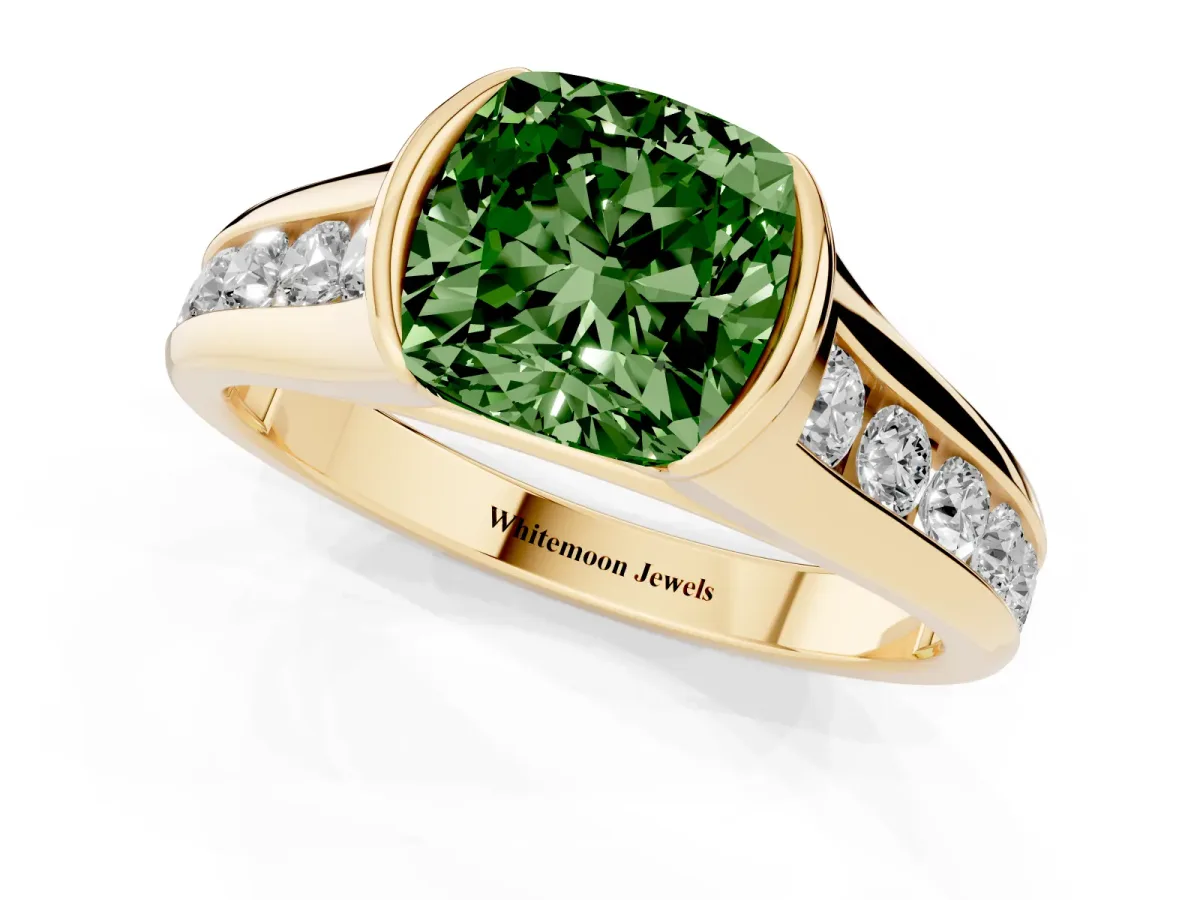Fancy Green Cushion Cut Solitaire Bezel-Set Diamond Ring with Channel-Set Band Yellow gold