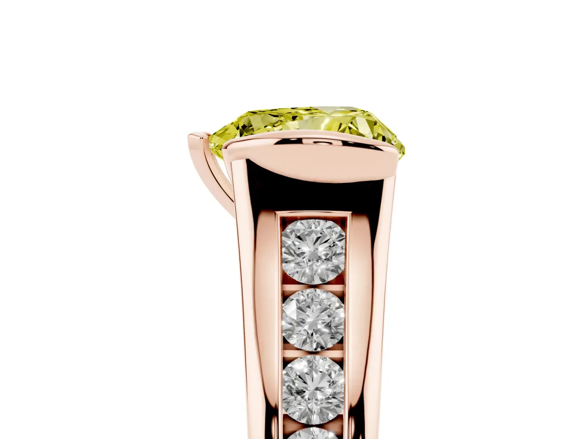 Fancy Yellow Heart Cut Solitaire Bezel-Set Diamond Ring with Channel-Set Band Rose gold