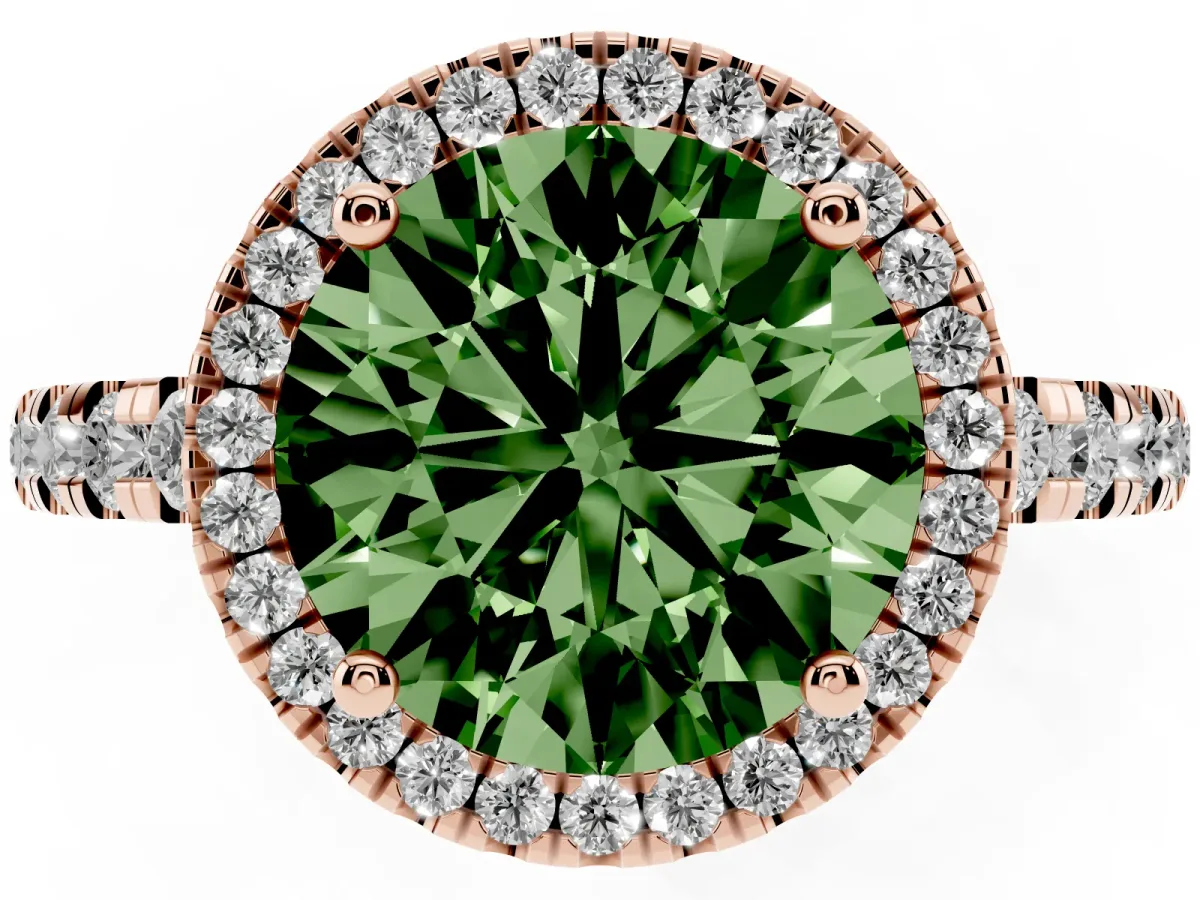 Fancy Green Round Cut Diamond Halo Ring with Pavé Band and Four-Prong Setting Rose gold
