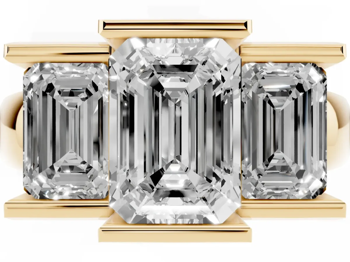 Three Stone Emerald Cut Cut Channel Set Diamond Ring Yellow gold