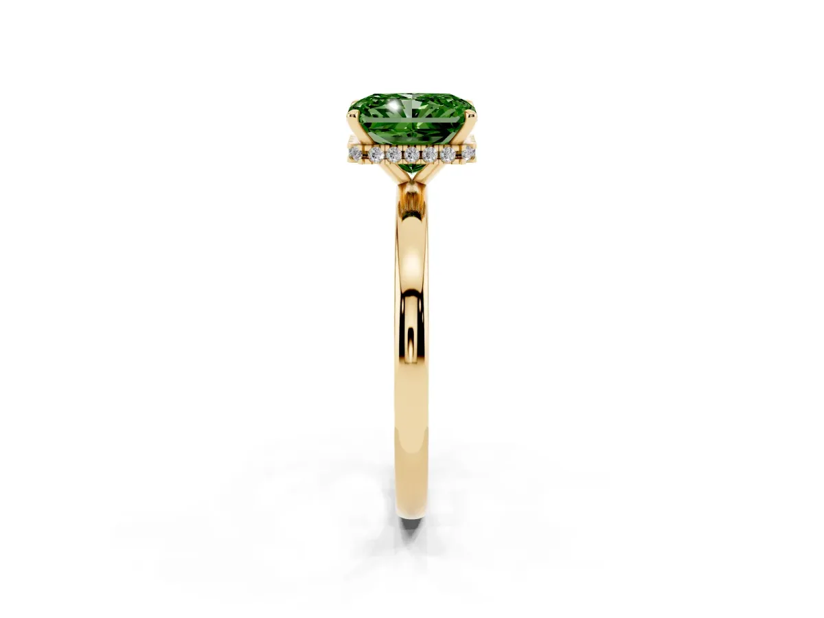 Fancy Green Radiant Cut Solitaire Engagement Ring with Cathedral Band and Four-Prong Setting Yellow gold