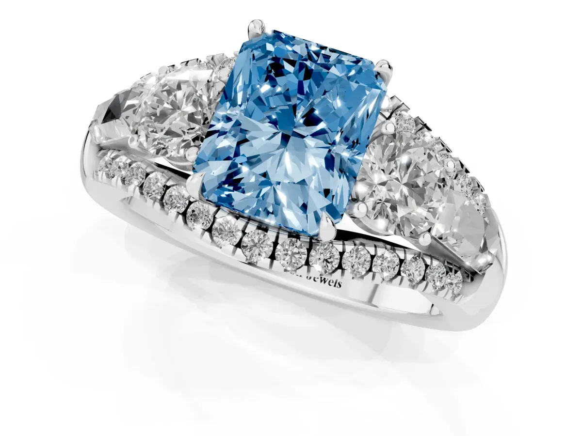 Fancy Blue Three-Stone Radiant Cut Diamond Engagement Ring with Pave Band and Prong Setting Silver