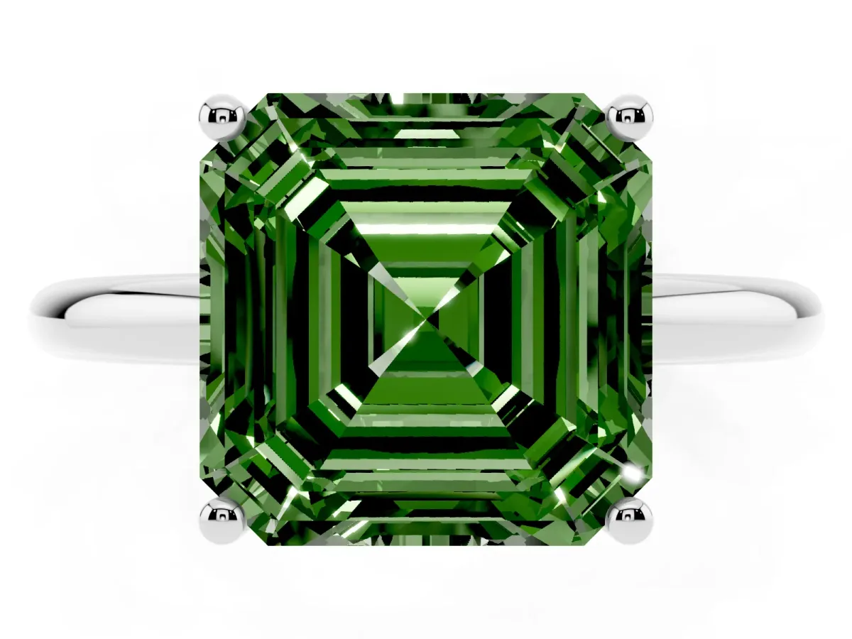 Fancy Green Asscher Cut Cut Solitaire Engagement Ring with Four-Prong Setting and Classic Band Silver