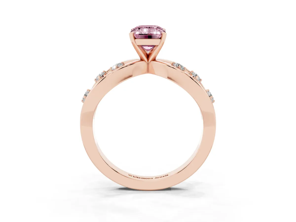 Fancy Pink Emerald Cut Cut Solitaire Diamond with Side Stones on Criss-Cross Band and Four-Prong Setting Rose gold