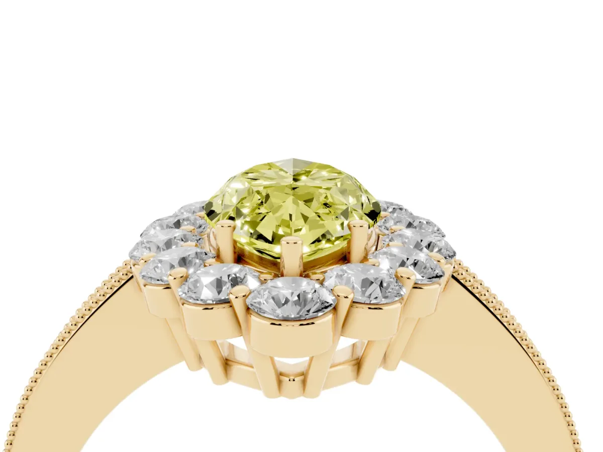 Fancy Yellow Marquise Cut Cut Halo Diamond Pavé Engagement Ring with Milgrain Detailing Yellow gold