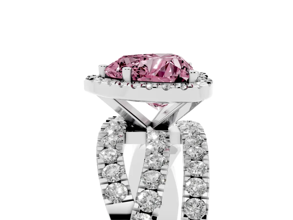 Fancy Pink Heart Cut Diamond Halo Ring with Round Split Shank and Prong Setting Platinum