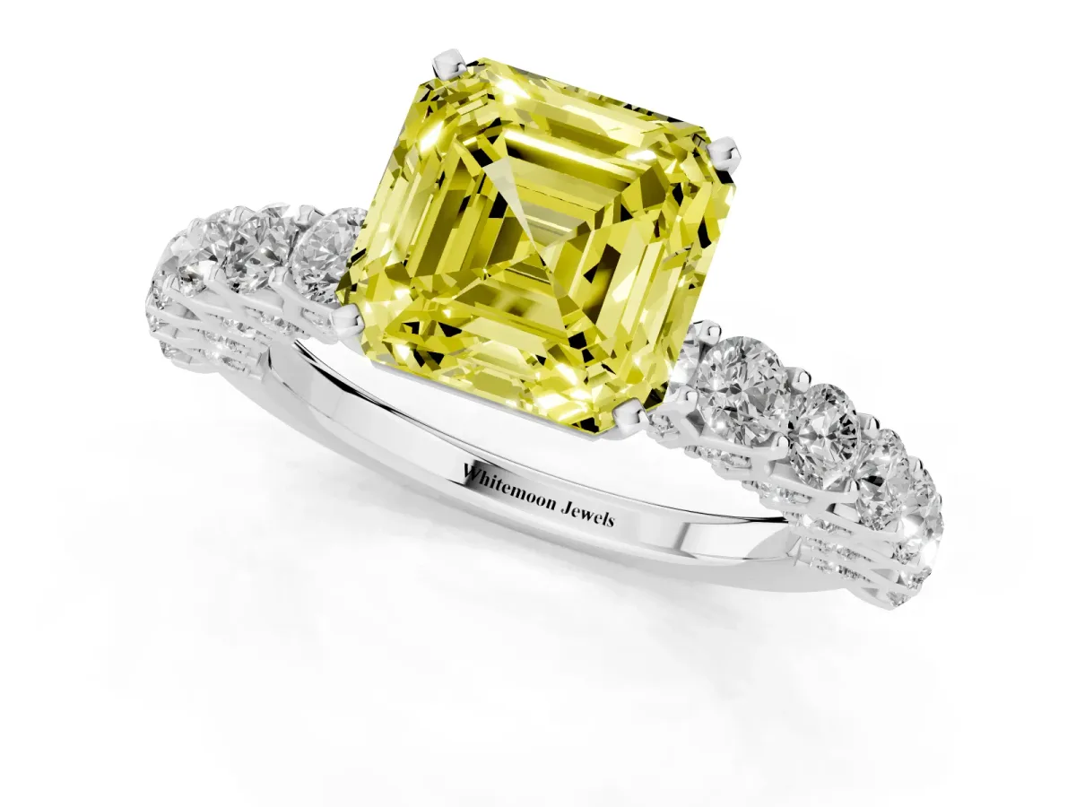 Fancy Yellow Asscher Cut Diamond Solitaire Ring with Shared Prong Pavé Band and Four-Prong Setting Silver
