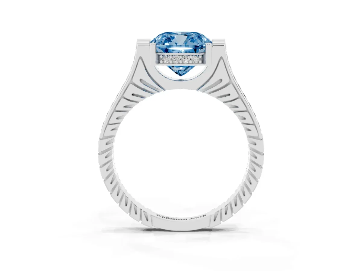 Fancy Blue Cushion Cut Solitaire Diamond Ring with Channel Set Band and Bezel Prong Setting Platinum
