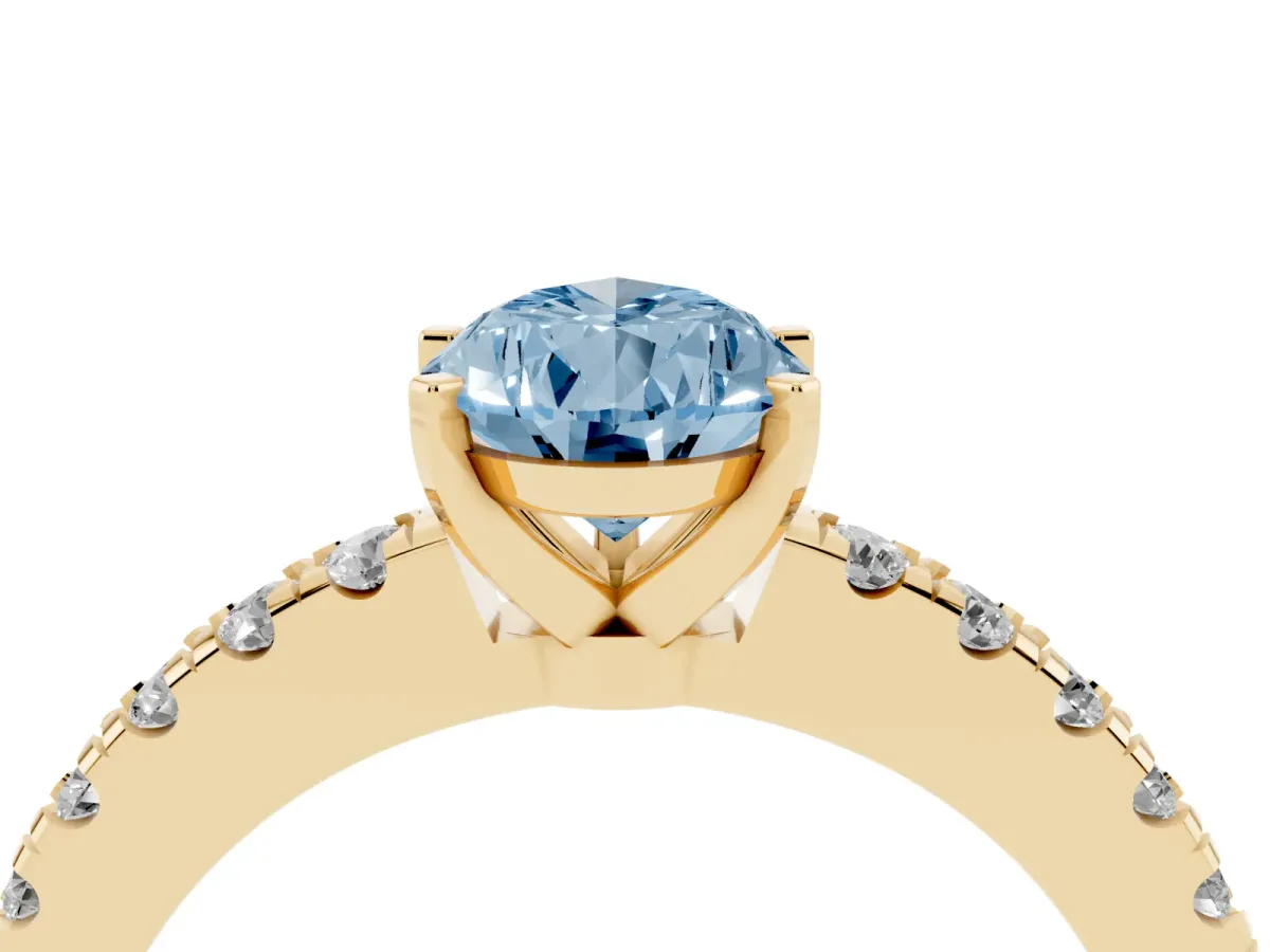 Fancy Blue Pear Cut Solitaire Diamond with Pavé Band and Four-Prong Setting Yellow gold