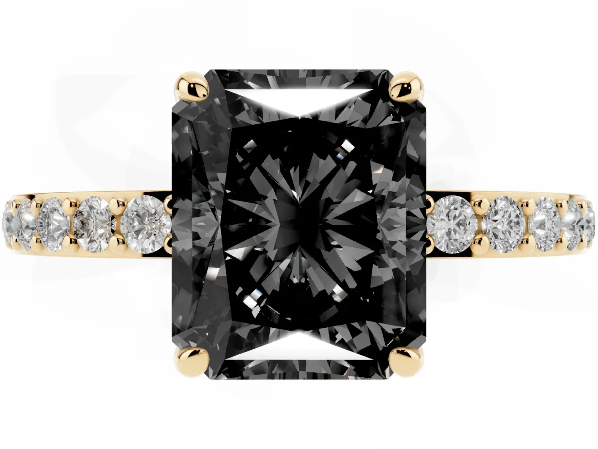 Fancy Black Radiant Cut Diamond Pavé Engagement Ring with Round Accents and Prong Setting Yellow gold