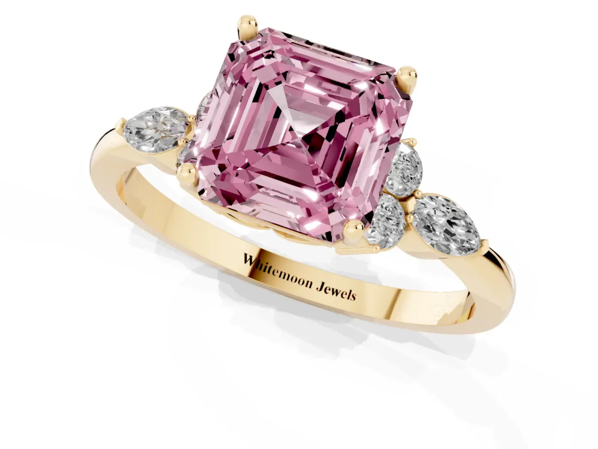 Fancy Pink Asscher Cut Brilliant Diamond Solitaire Ring with Pear Side Stones and Four-Prong Setting Yellow gold