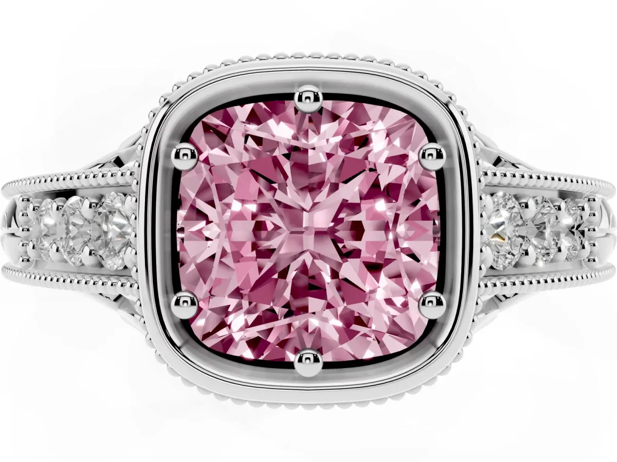 Fancy Pink Bezel Set Cushion Cut Diamond Milgrain Pave Engagement Ring Silver