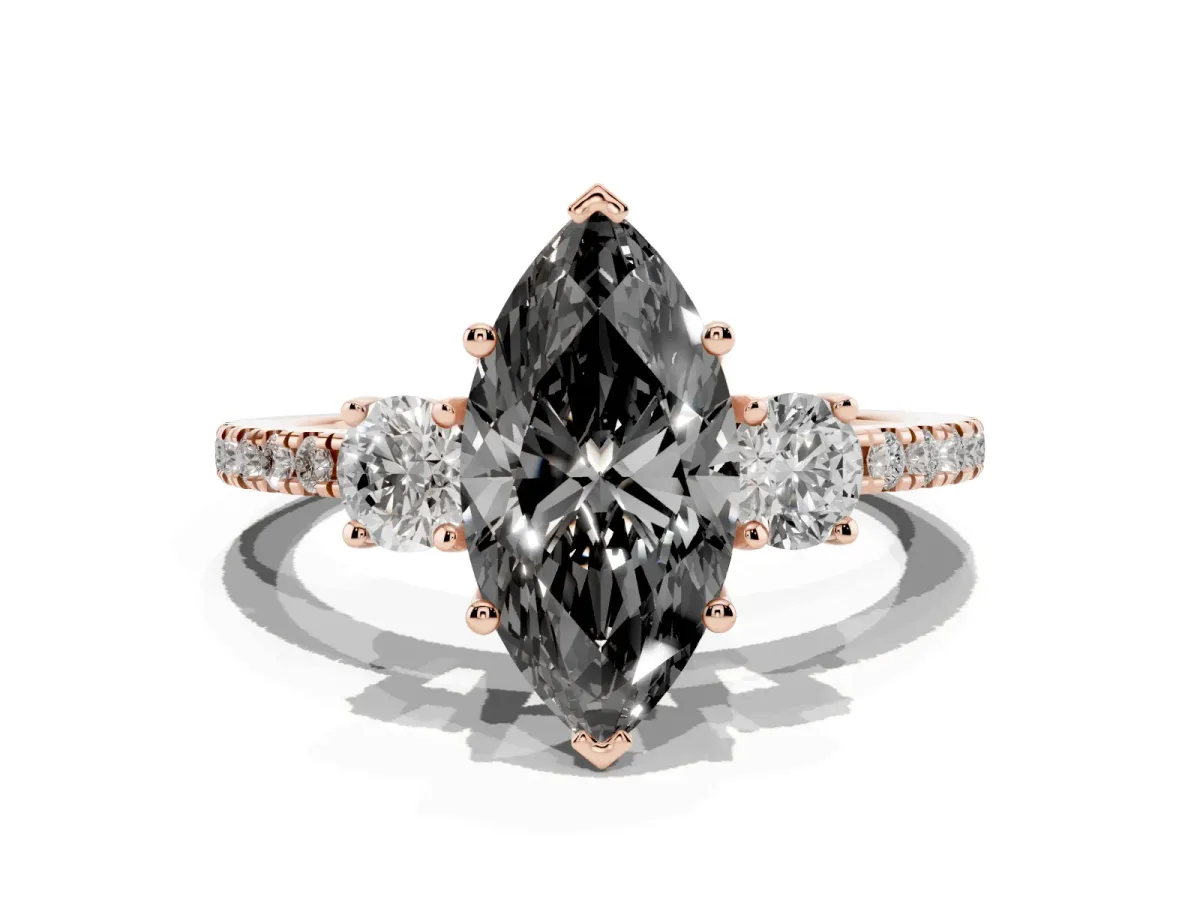 Fancy Black Three-Stone Marquise Cut Cut Diamond Pavé Band with Prong Setting Rose gold