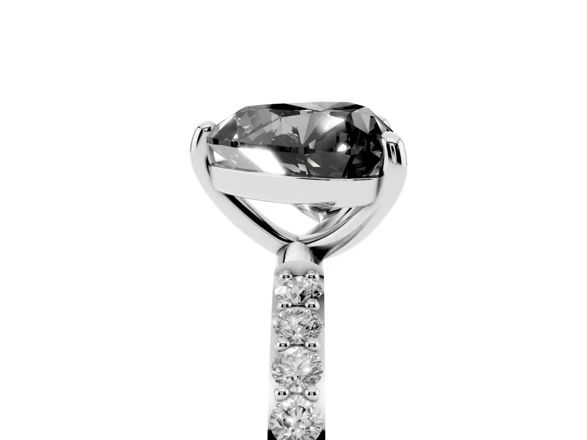 Fancy Black Heart Cut Diamond Solitaire Ring with Round Pavé Band and Prong Setting Silver