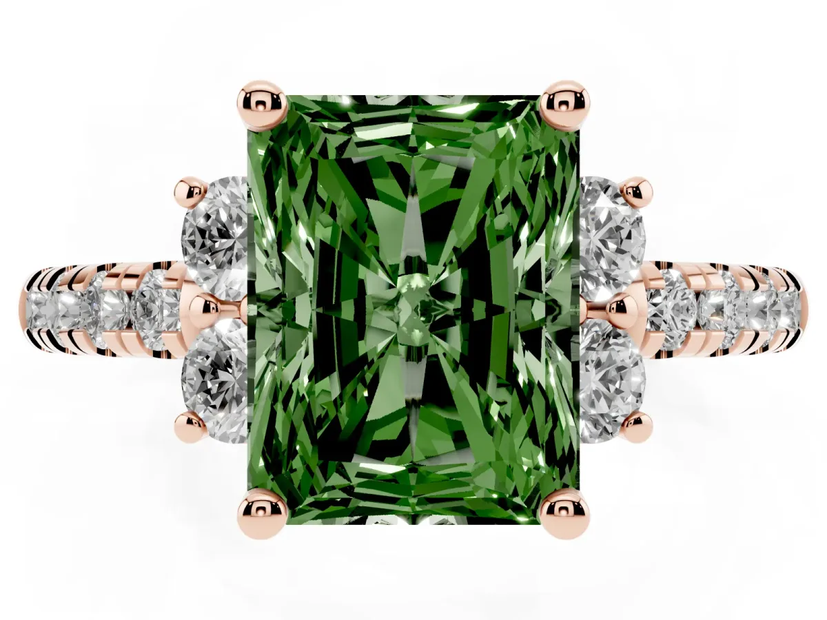 Fancy Green Radiant Cut Diamond Three-Stone Pave Band with Four-Prong Setting Rose gold