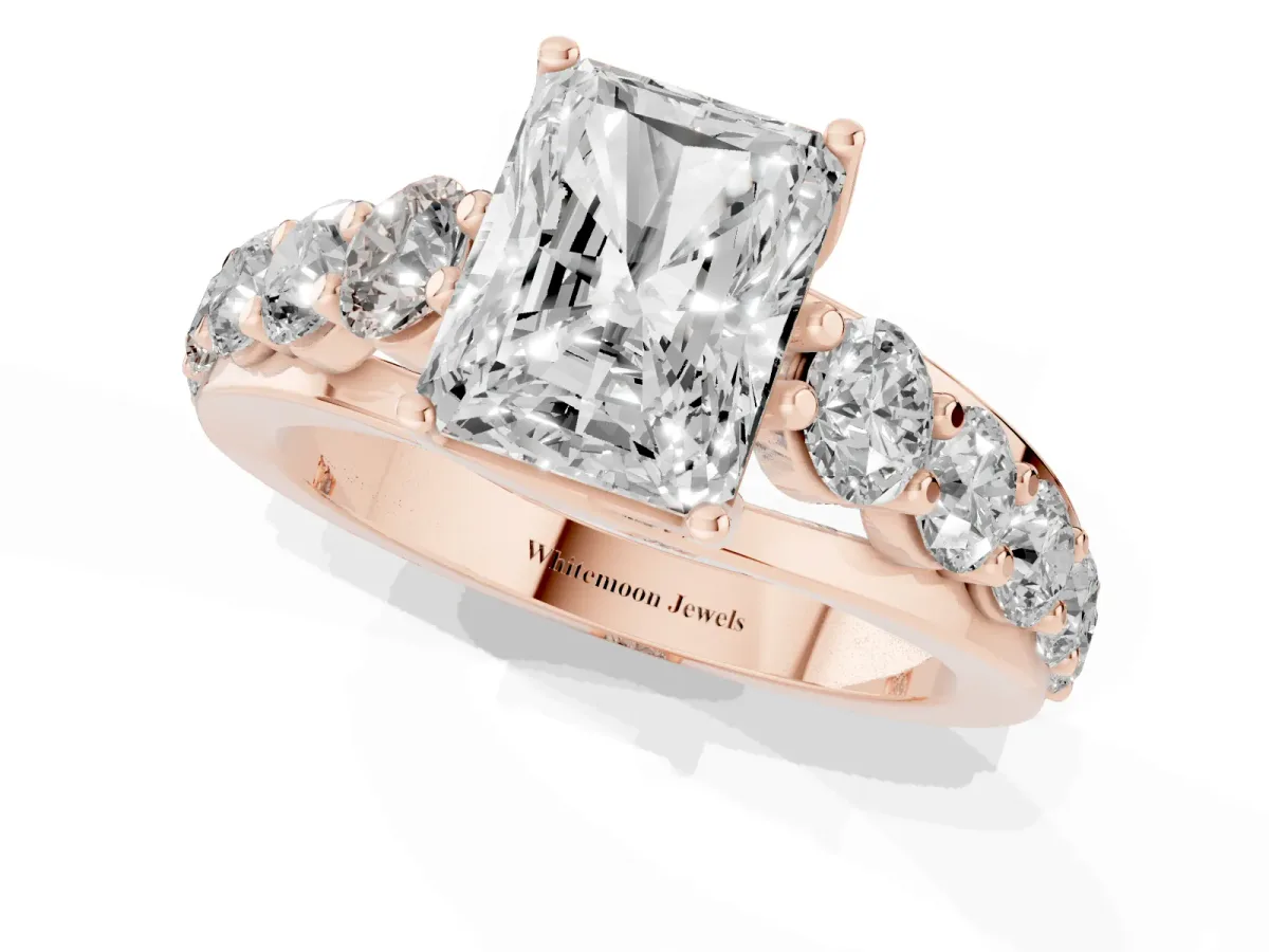 Radiant Cut Diamond Engagement Ring with Pavé Band and Four-Prong Setting Rose gold