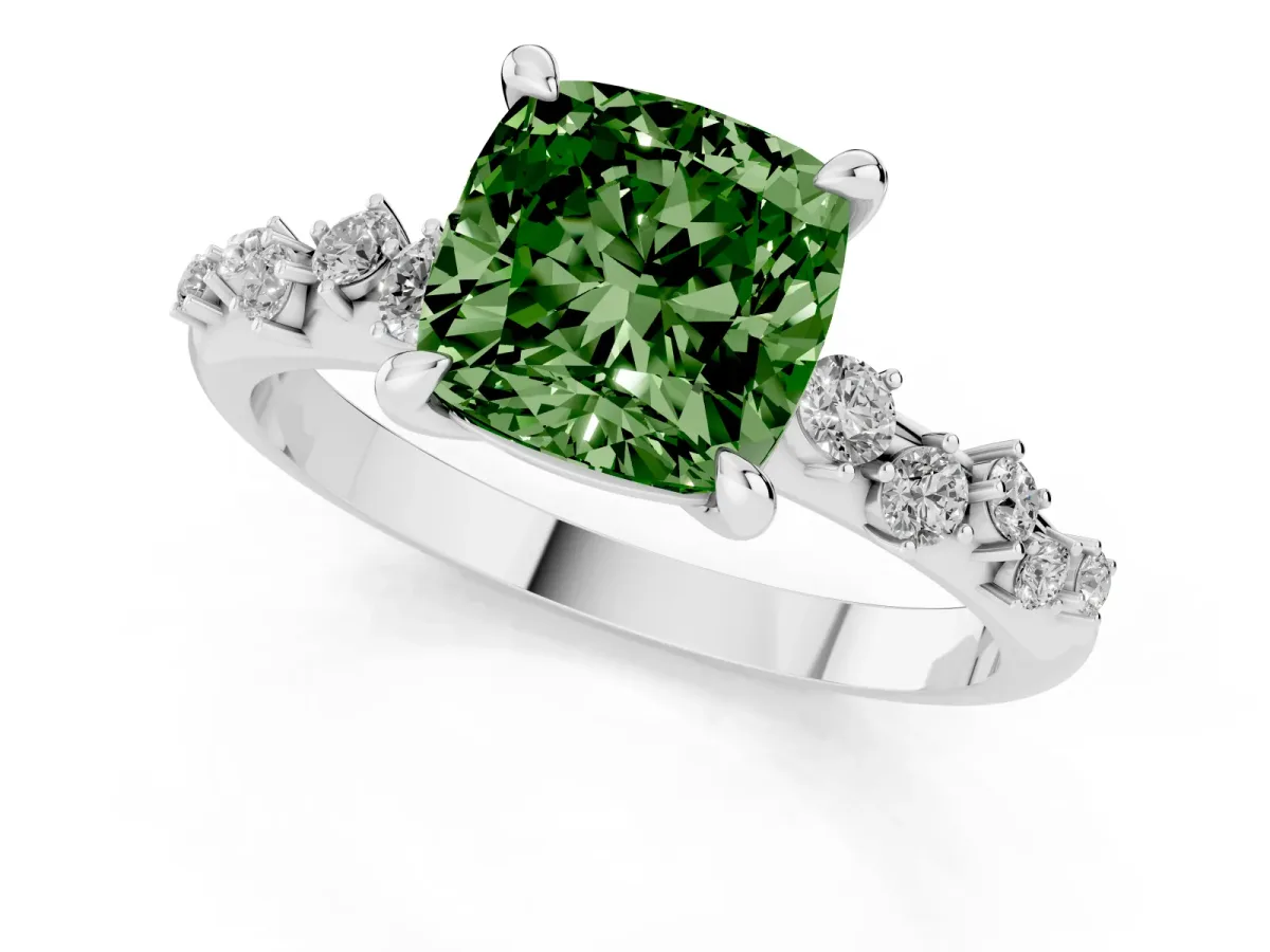 Fancy Green Cushion Cut Cut Diamond Vine Band with Four-Prong Setting Silver