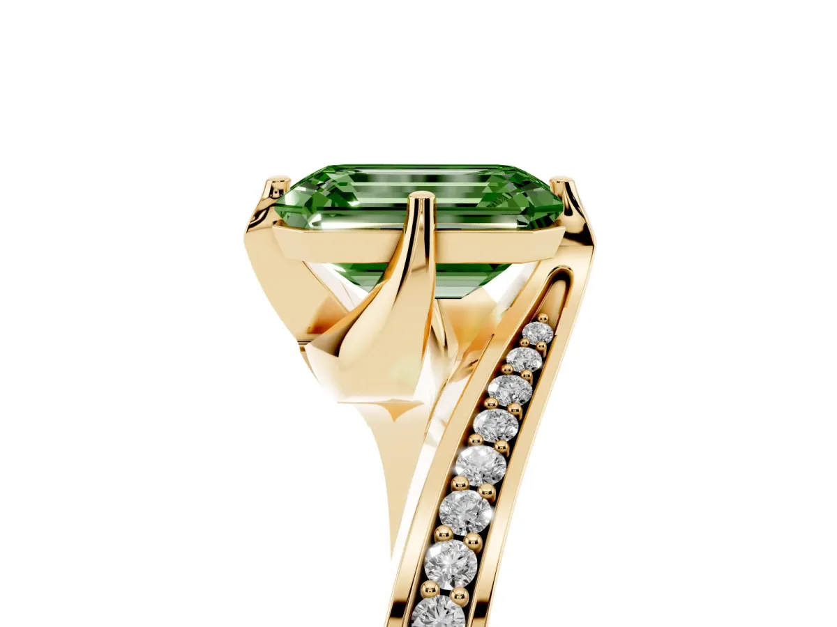 Fancy Green Emerald Cut Solitaire Diamond Twist Band with Pavé Setting and Four-Prong Setting Yellow gold