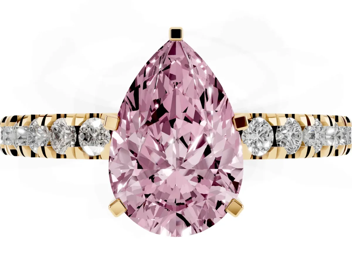 Fancy Pink Pear Cut Solitaire Diamond with Pavé Band and Four-Prong Setting Yellow gold