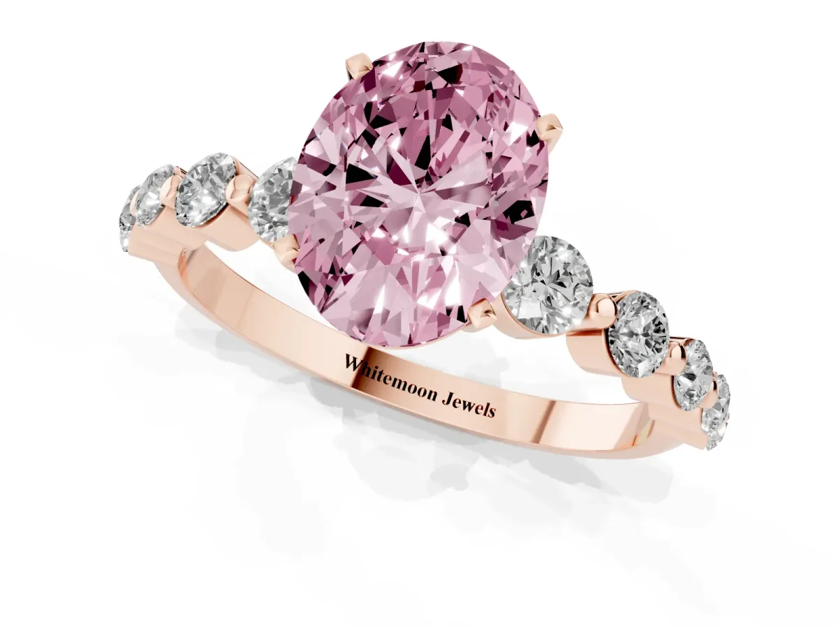 Fancy Pink Oval Cut Solitaire Diamond Ring with Pave Band and Four-Prong Setting Rose gold