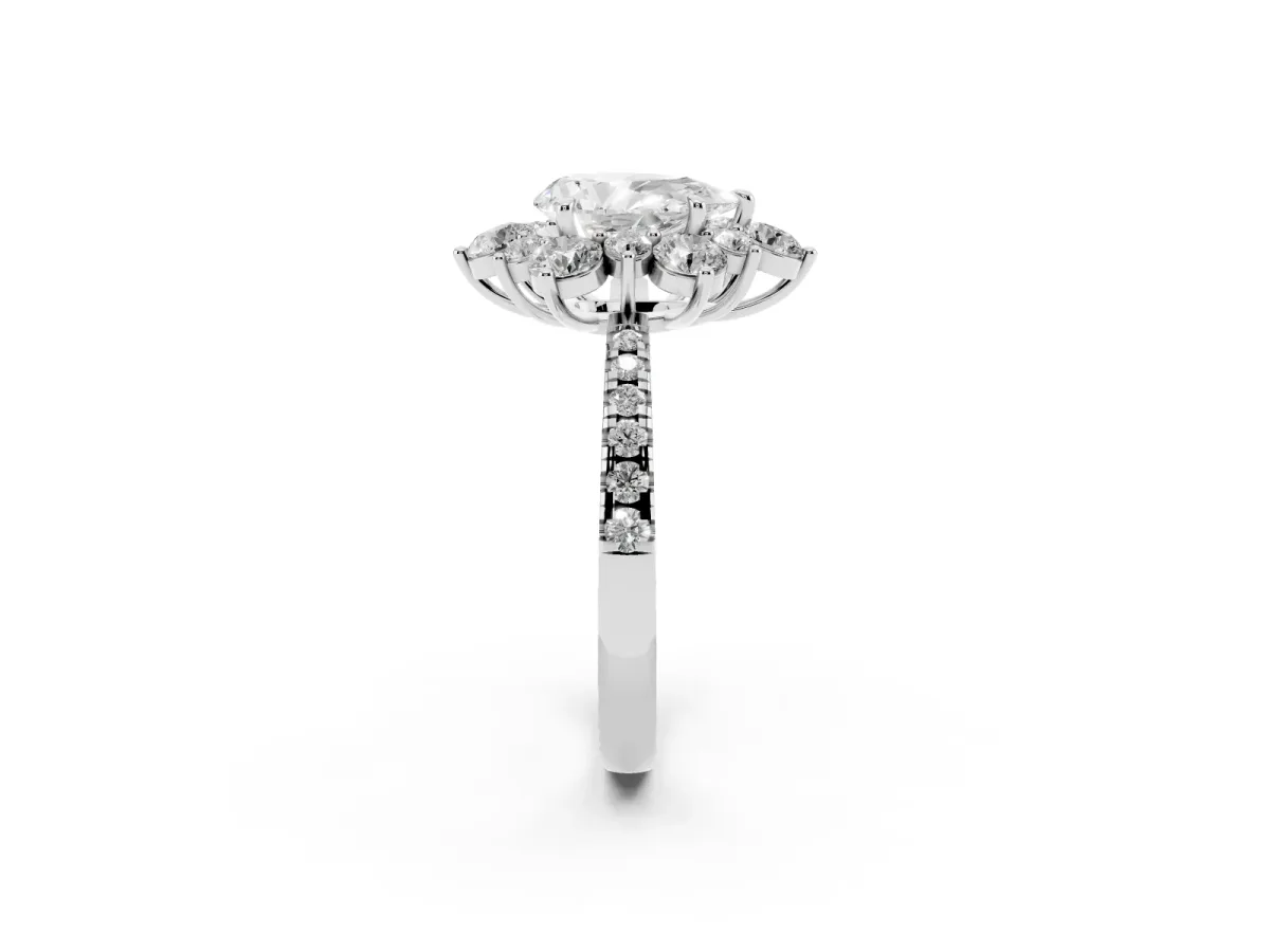 Pear Cut Diamond Floral Halo Ring with Round Pavé Band and Prong Setting Silver