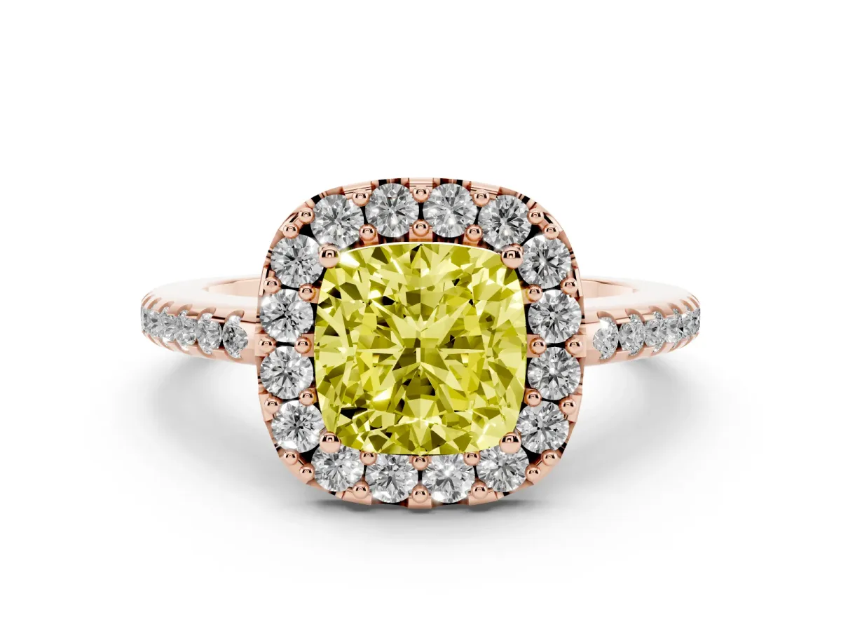 Fancy Yellow Cushion Cut Diamond Pavé Halo Ring with Four-Prong Setting Rose gold