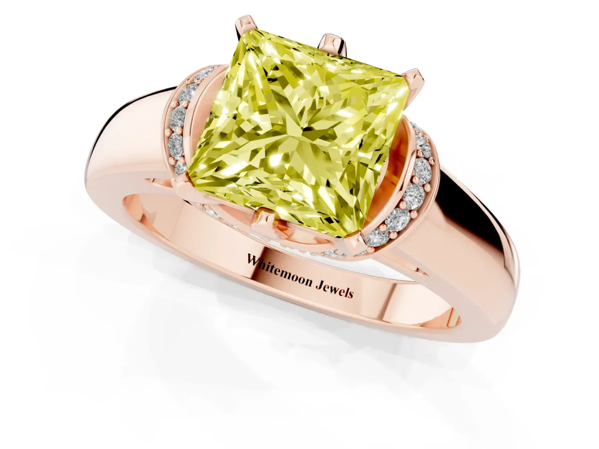 Fancy Yellow Princess Cut Solitaire Diamond Ring with Pave Band and Six-Prong Setting Rose gold