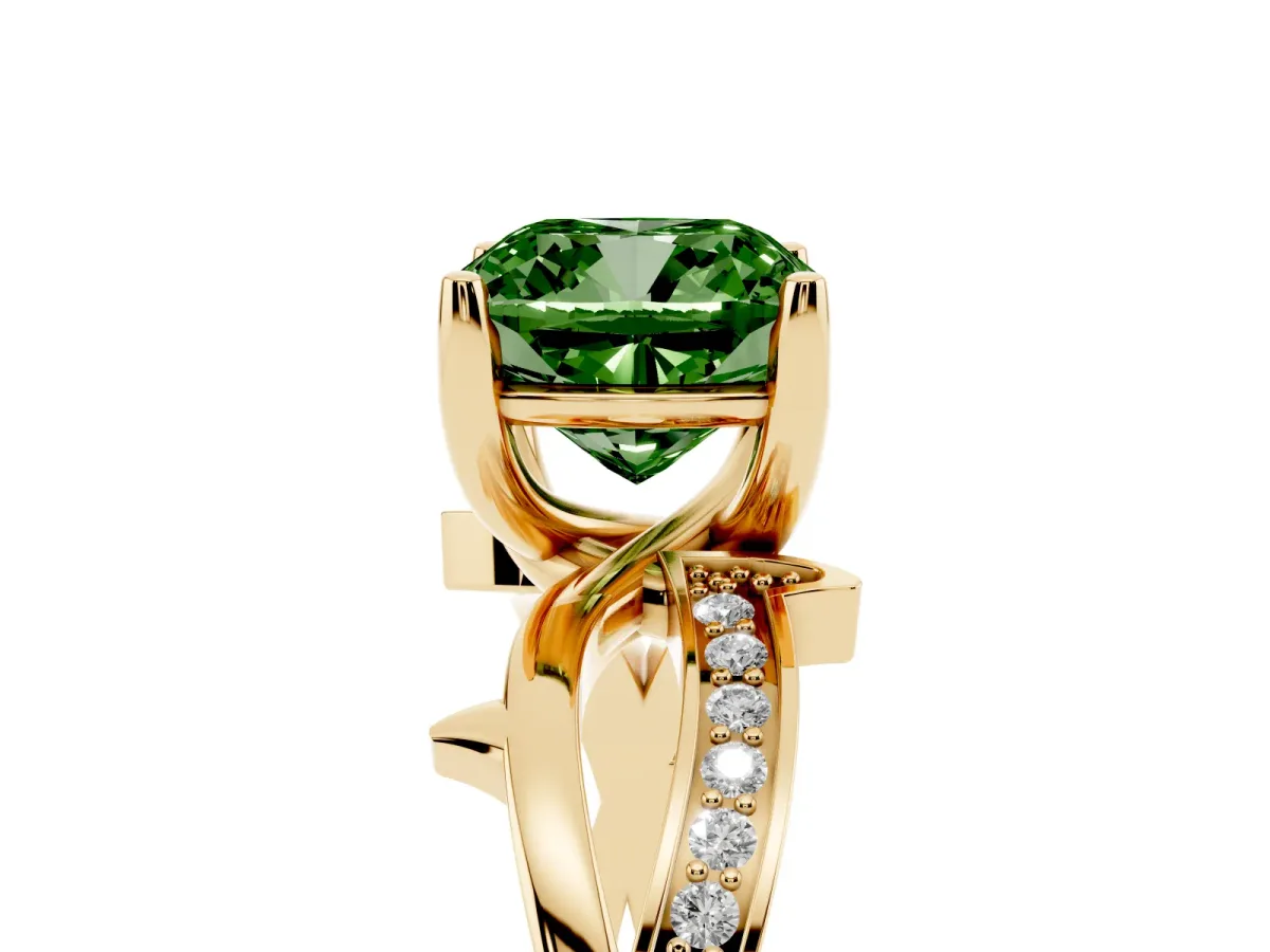 Fancy Green Cushion Cut Solitaire Twist Band with Pavé Accents and Four-Prong Setting Yellow gold