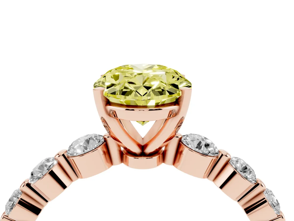 Fancy Yellow Oval Cut Solitaire Diamond Ring with Pave Band and Four-Prong Setting Rose gold