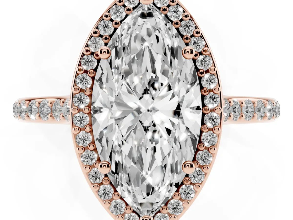 Marquise Cut Diamond Halo Engagement Ring with Round Pavé Shoulders and Prong Setting Rose gold