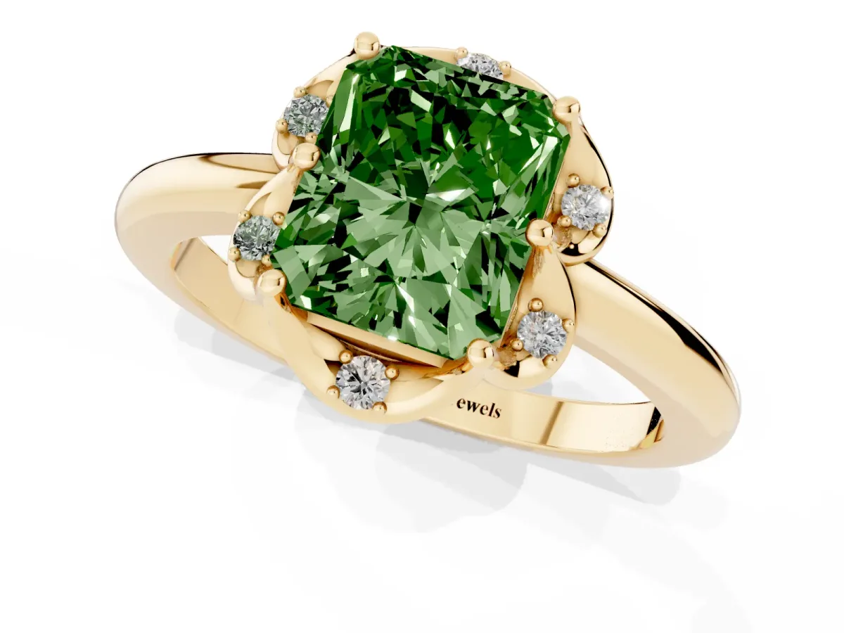 Fancy Green Radiant Cut Halo Diamond Ring with Round Cluster Setting, Solitaire Band, and Four-Prong Setting Yellow gold