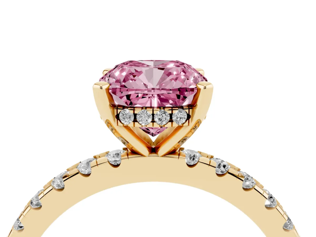 Fancy Pink Cushion Cut Diamond Solitaire Ring with Round Pavé Band and Four-Prong Setting Yellow gold