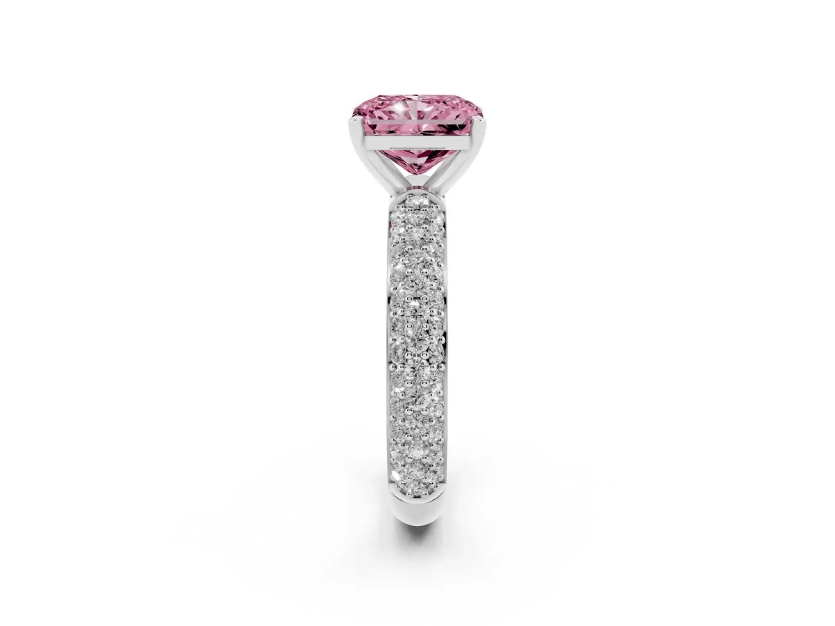 Fancy Pink Radiant Cut Diamond Solitaire Ring with Prong Setting and Pavé Band Silver