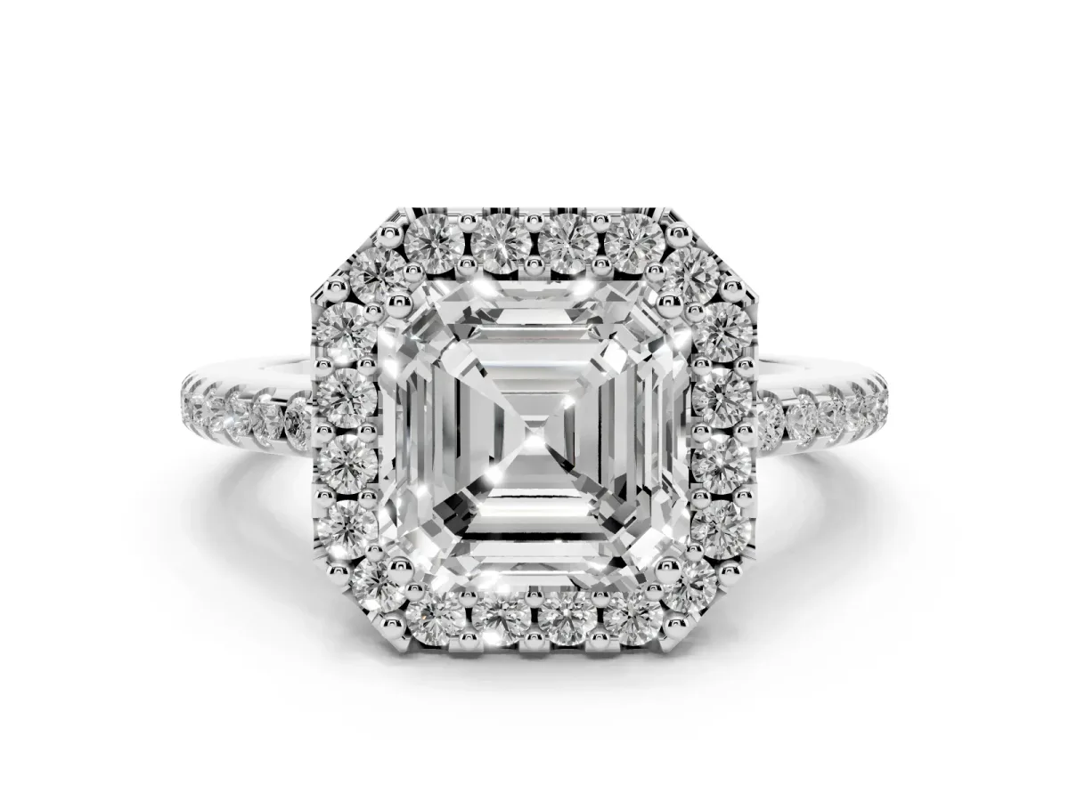 Asscher Cut Diamond Pavé Halo Ring with Four-Prong Setting Silver