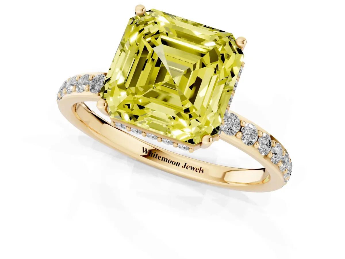 Fancy Yellow Asscher Cut Diamond Solitaire Ring with Pavé Band and Hidden Halo Yellow gold